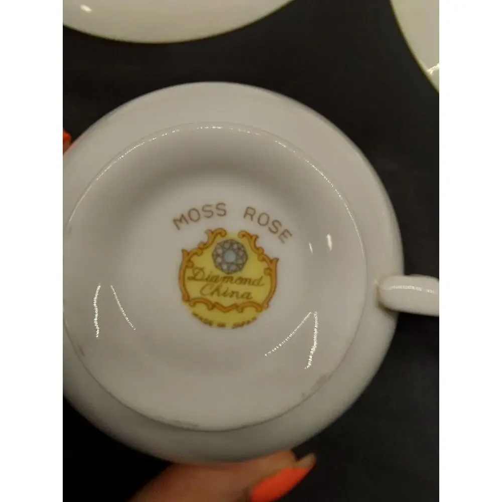 Vintage Diamond China Moss Rose 4 Pc Place Setting Tea Cup Saucer Plates Japan